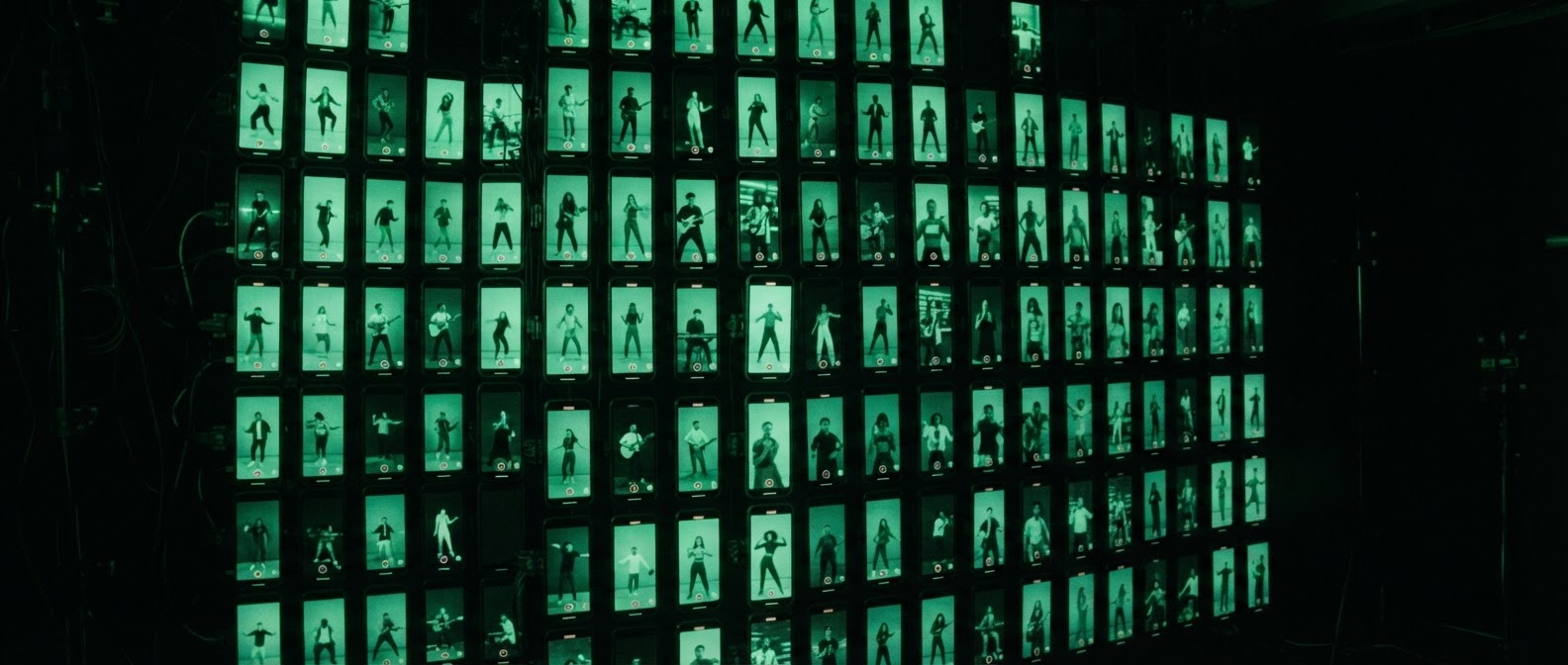 Wall of phones playing short-form clips
