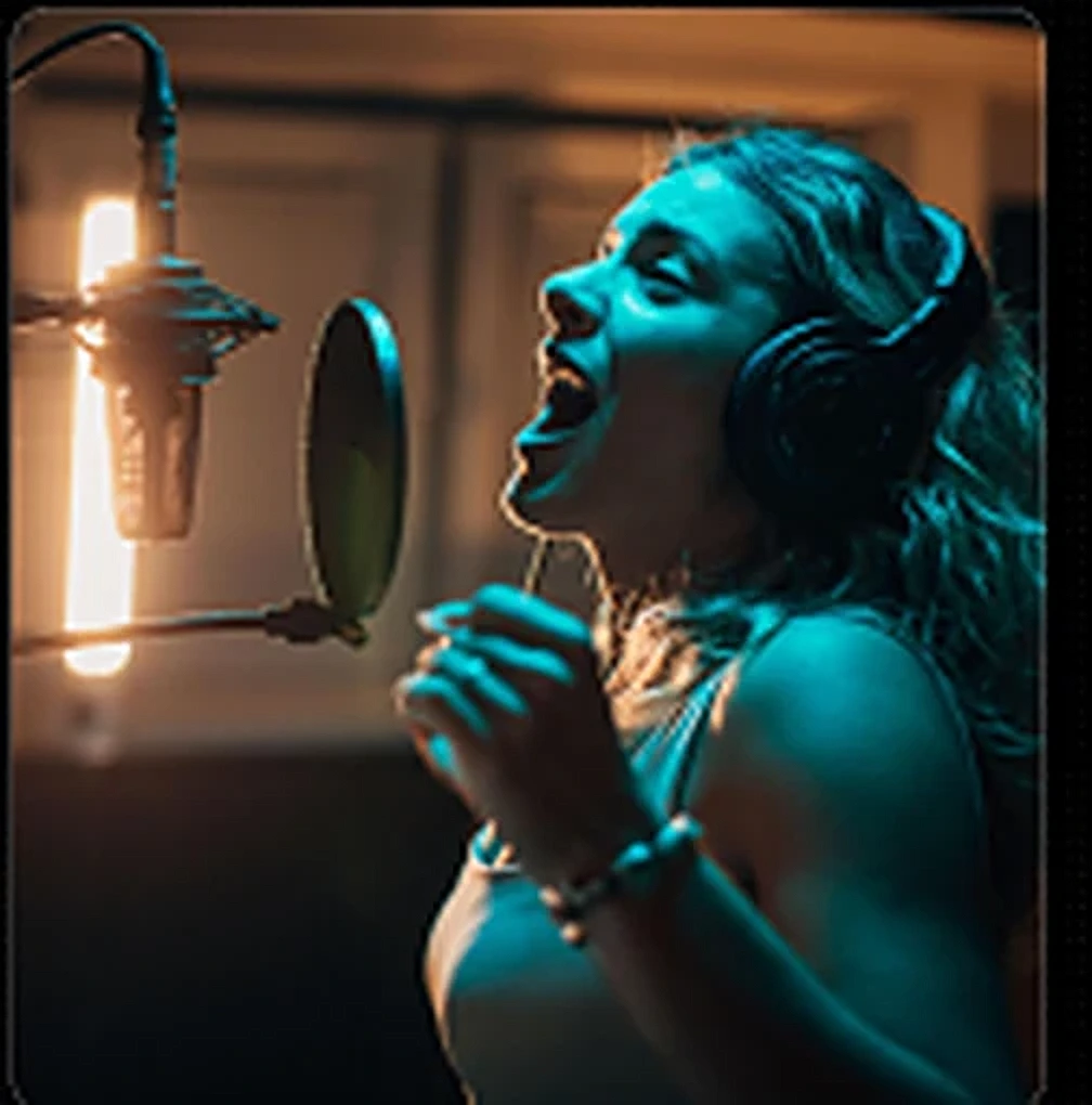 Artist recording a hook into a studio microphone