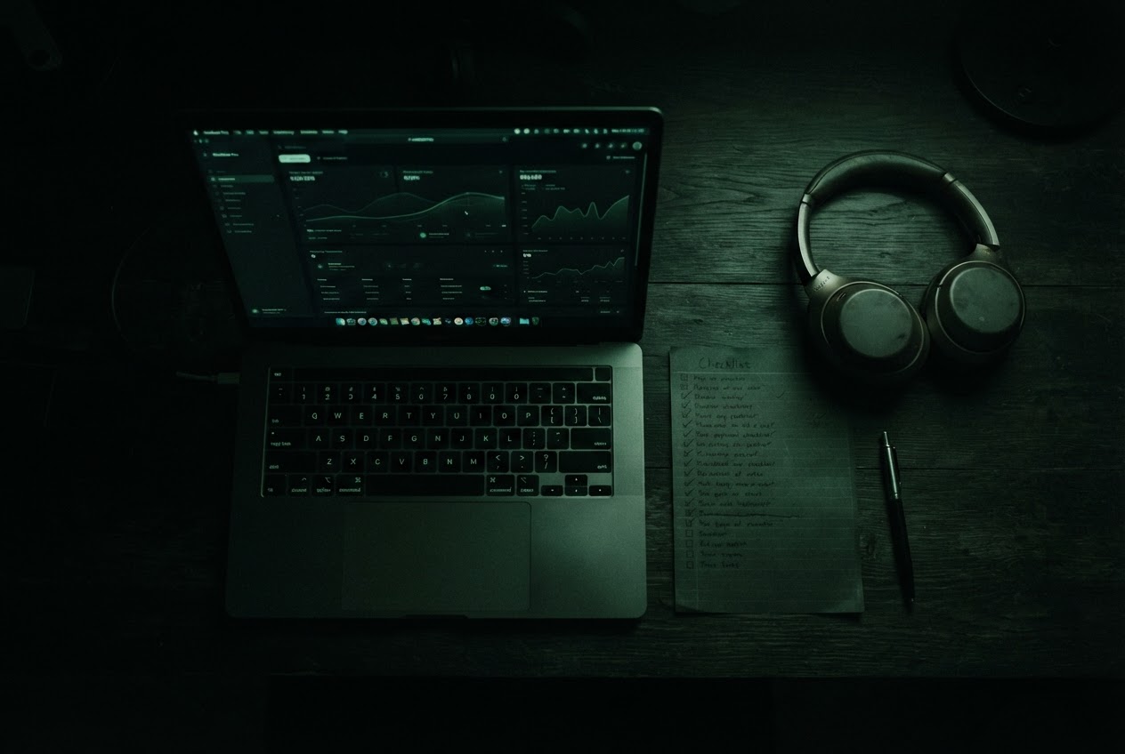 A laptop and headphones on a desk late at night