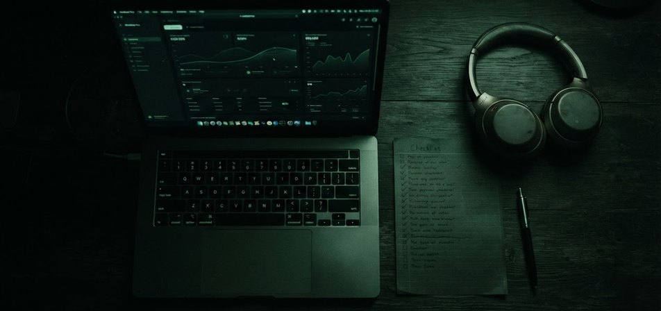 A laptop showing campaign analytics beside studio headphones and printed campaign documentation on a desk.