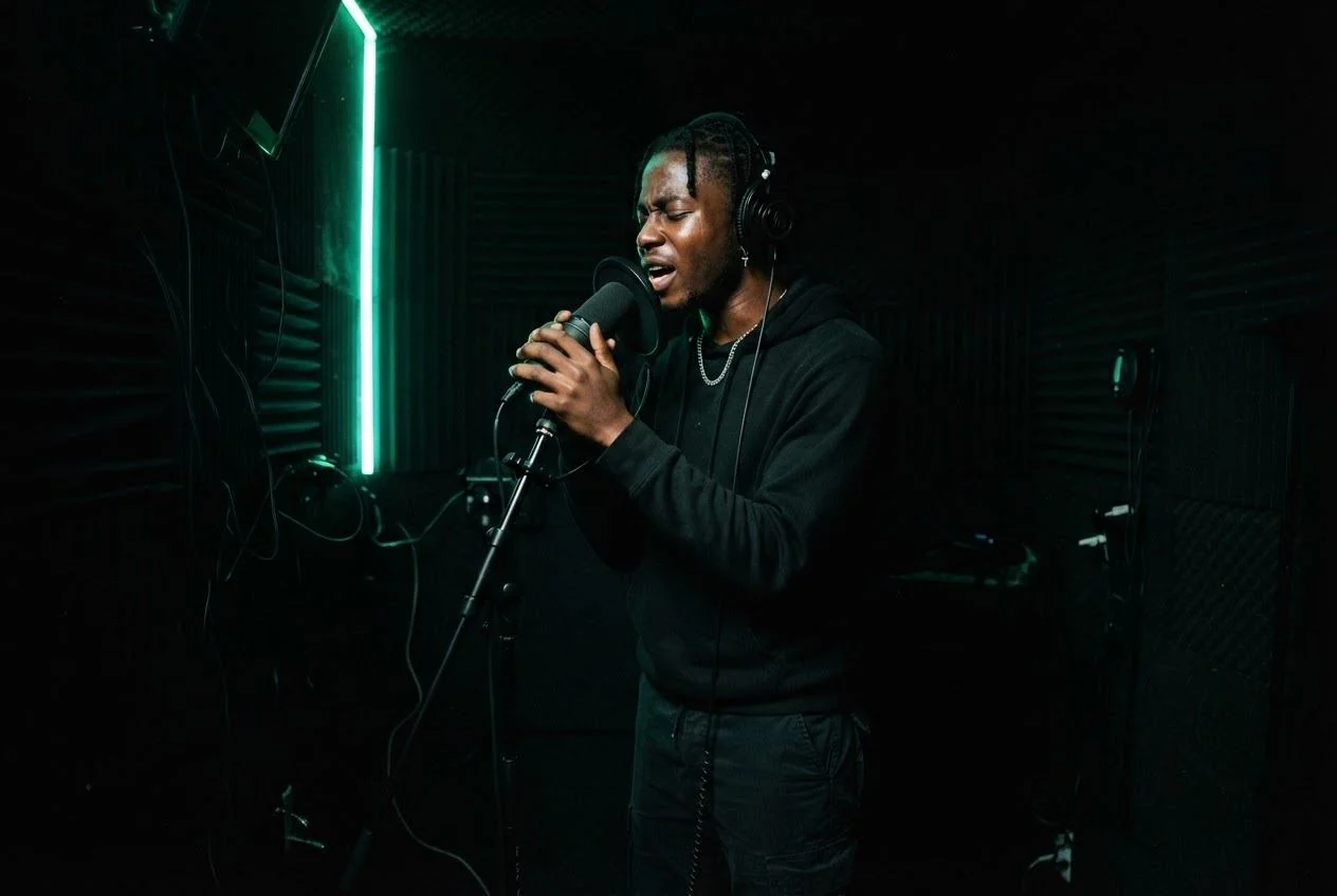 Rapper recording a vocal take in a booth lit by a green neon tube
