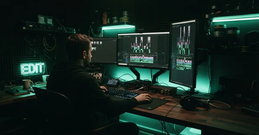 An editor working across two timelines in a green-lit edit suite