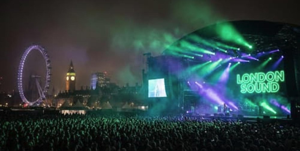 London show: crowd in front of the main stage with the London Eye behind