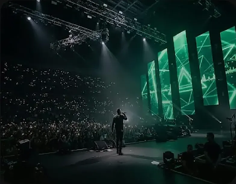Live energy — artist on a large stage with LED screens