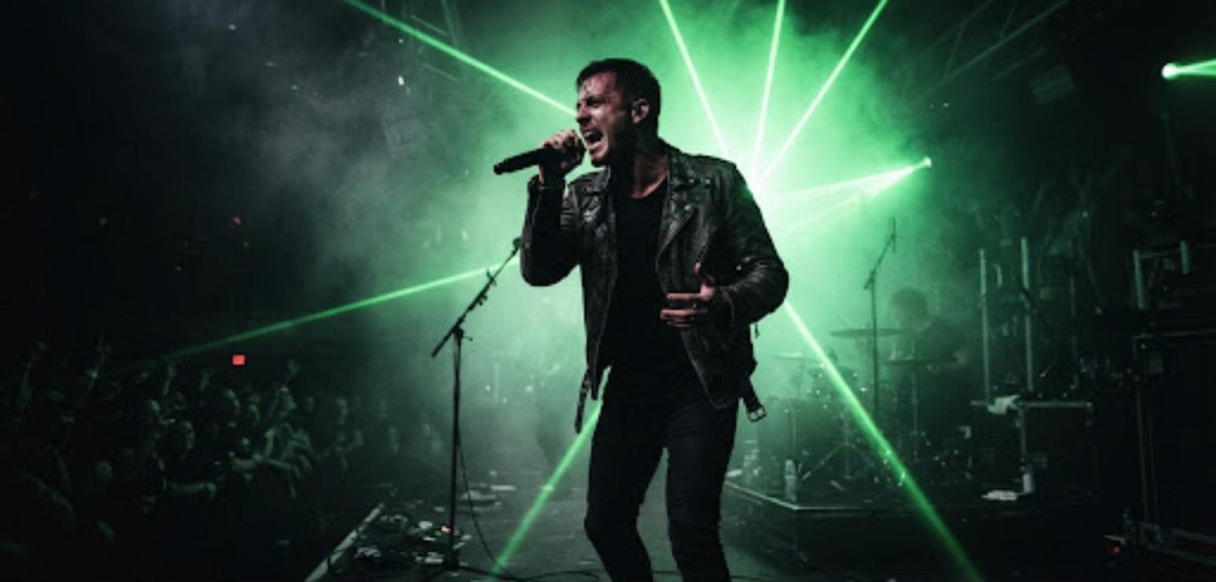 Front camera: the vocalist mid-line under a green stage burst