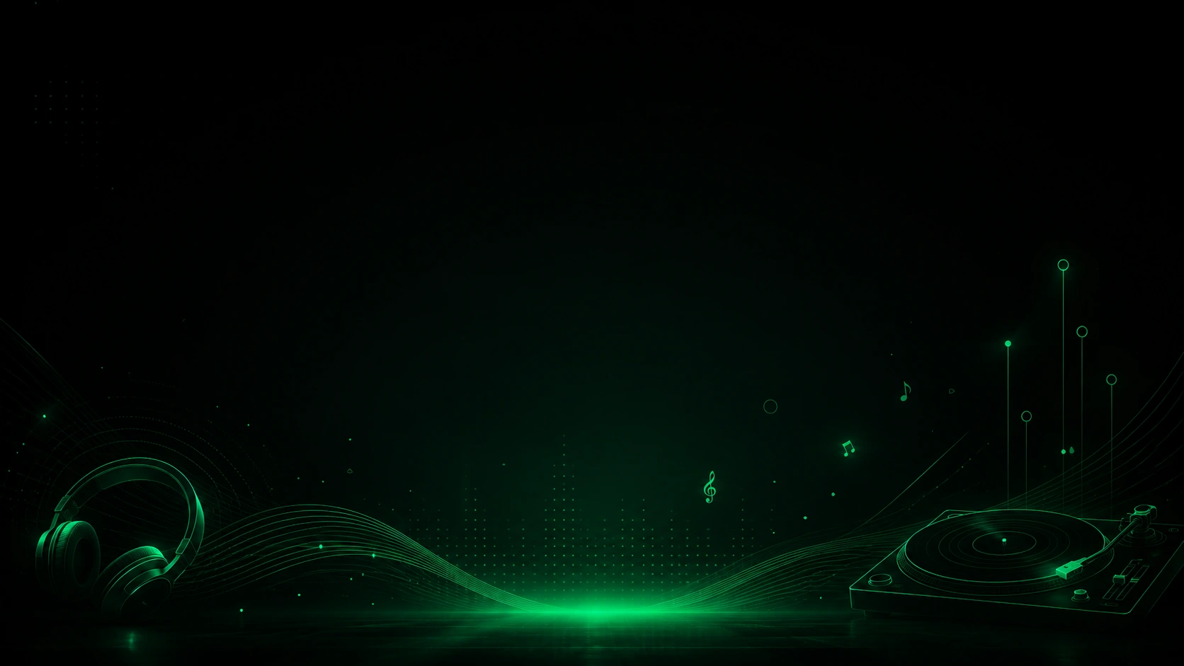 Neon green line illustration of headphones, flowing sound waves, music notes and a turntable
