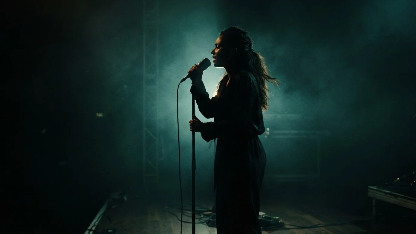 Wide 16:9 frame from a music video: a singer at a microphone in stage haze