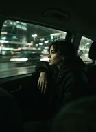 Still from the music video: the artist in the back of a moving car, lit by passing city lights.